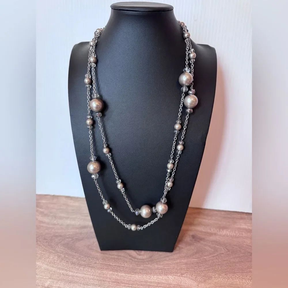 Vintage Silver Tone Silver Glass Faux Pearl Flapper Long Necklace Statement